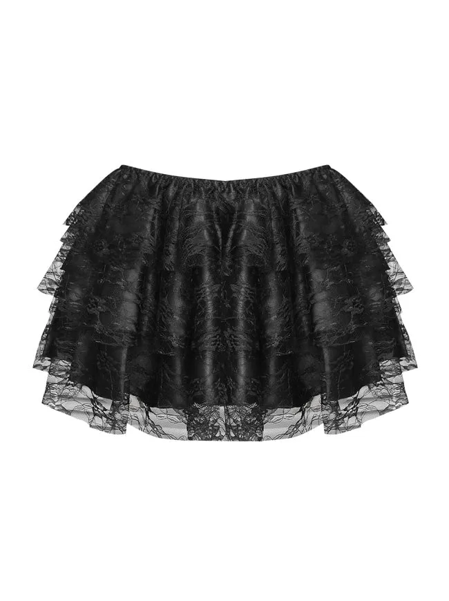 Women Gothic Floral Lace Tutu Skirt Layered Dancing Petticoat Black