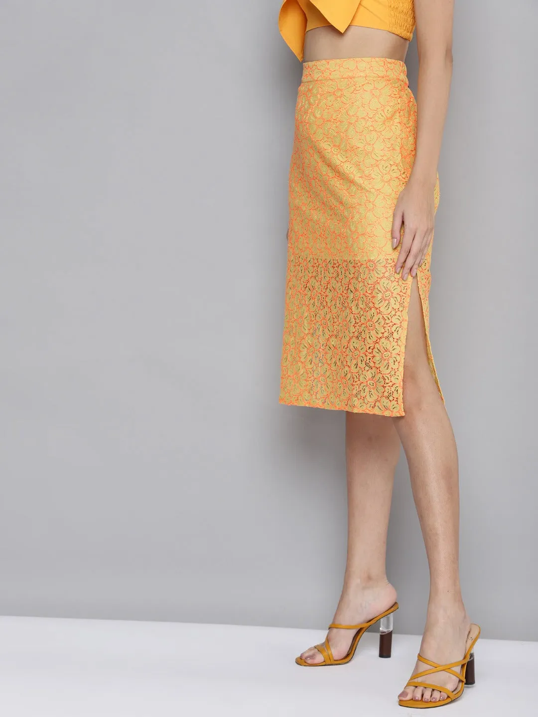 Women Yellow Lace Side Slit Skirt