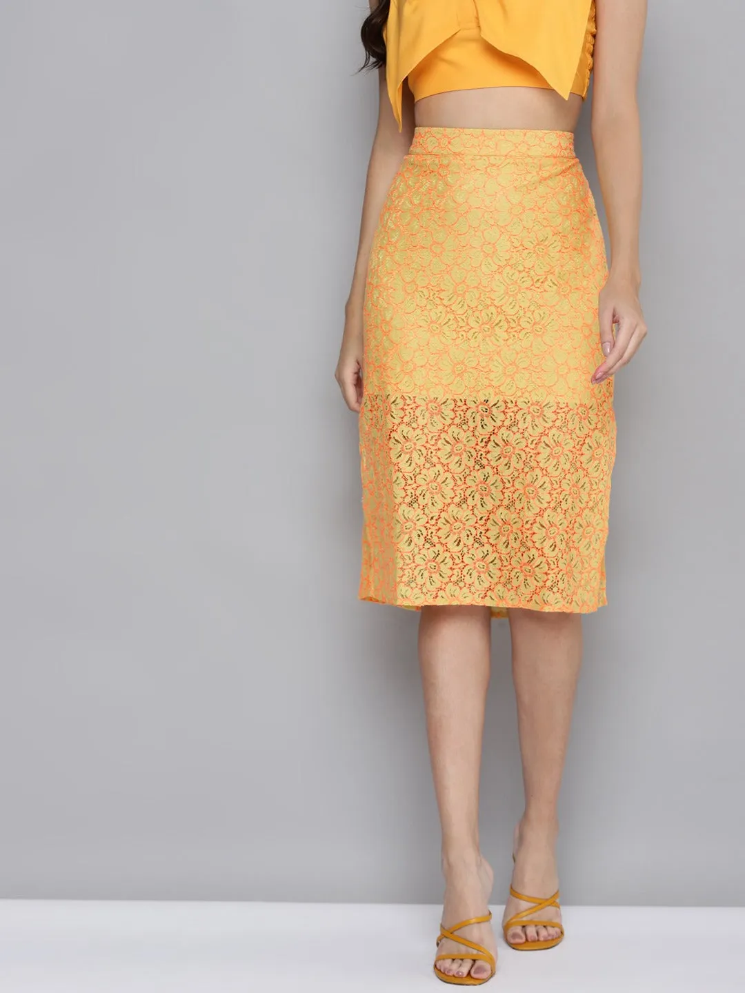 Women Yellow Lace Side Slit Skirt