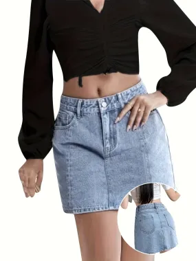 Women's Casual High-Waisted Denim Skirt With Split Detail, Light Wash, Fashion Streetwear Style, Versatile Day To Night Look