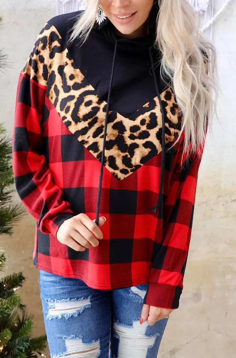 Women's Chevron Plaid Leopard Patchwork Sweatshirt