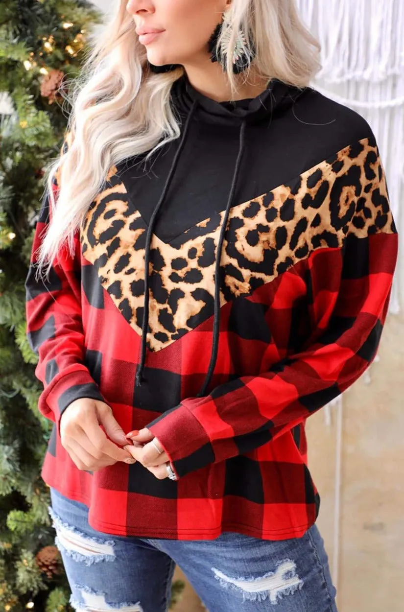 Women's Chevron Plaid Leopard Patchwork Sweatshirt