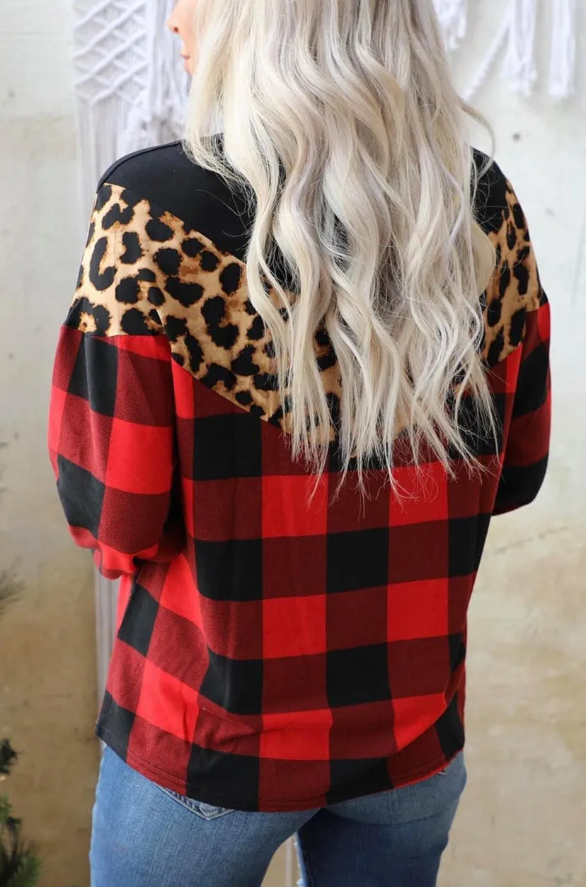 Women's Chevron Plaid Leopard Patchwork Sweatshirt