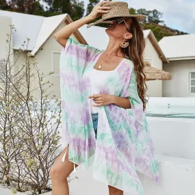 Womens Chiffon Stripe Colorblock Gradient Bikini Fringed Coverups Blouse