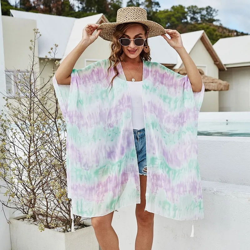 Womens Chiffon Stripe Colorblock Gradient Bikini Fringed Coverups Blouse