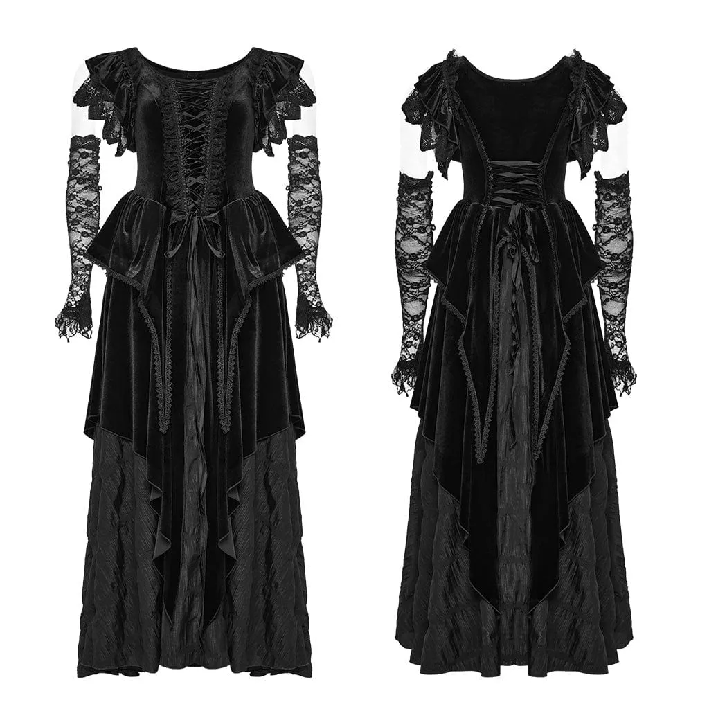 Women's Gothic Ruffled Layered Velvet Wedding Dress with Oversleeves