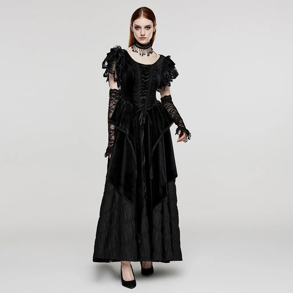 Women's Gothic Ruffled Layered Velvet Wedding Dress with Oversleeves