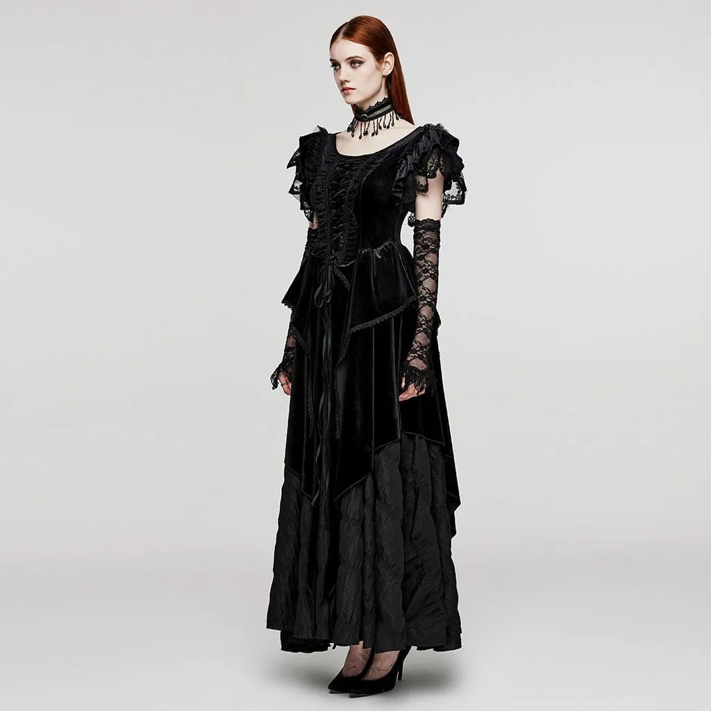 Women's Gothic Ruffled Layered Velvet Wedding Dress with Oversleeves