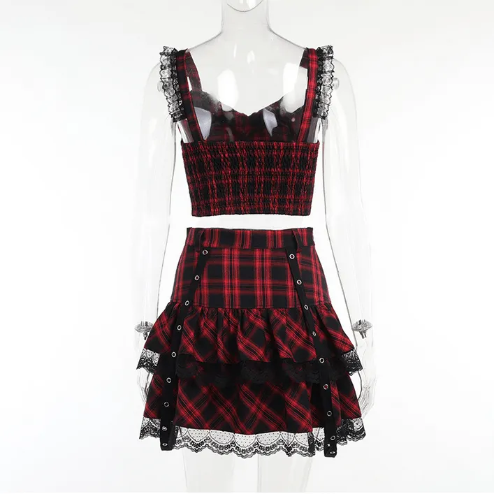 Women's Grunge Strappy Layered Plaid Skirt with Tank Top