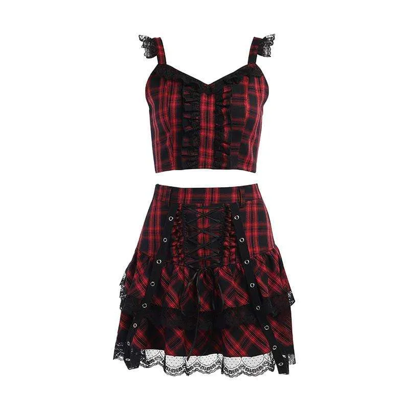 Women's Grunge Strappy Layered Plaid Skirt with Tank Top