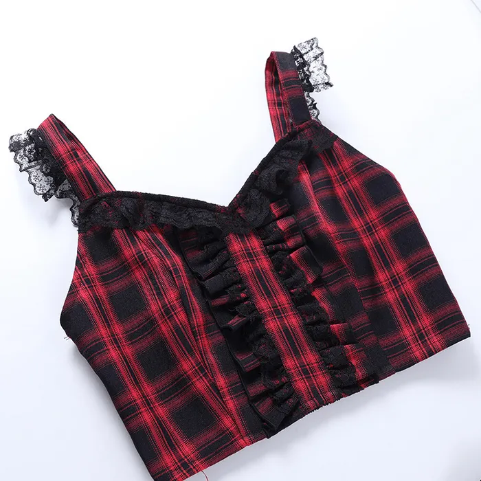 Women's Grunge Strappy Layered Plaid Skirt with Tank Top