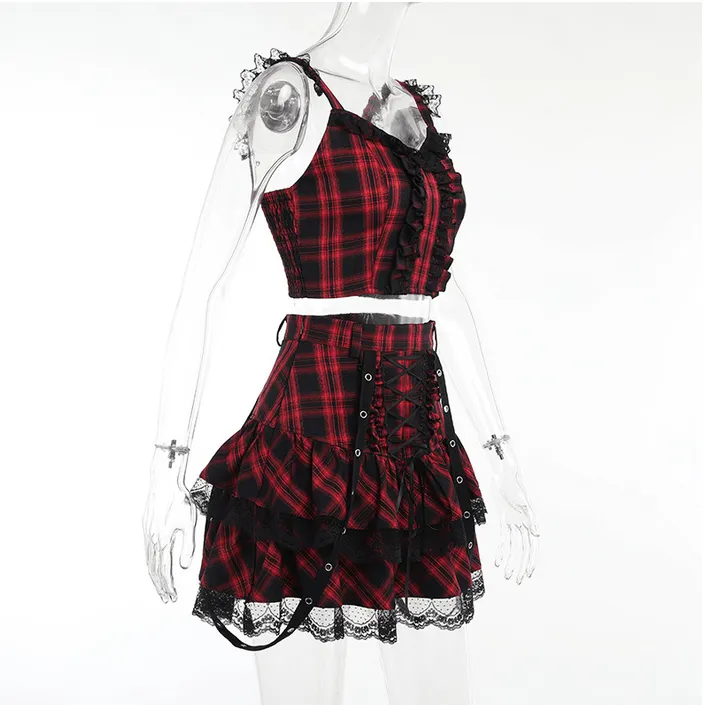 Women's Grunge Strappy Layered Plaid Skirt with Tank Top