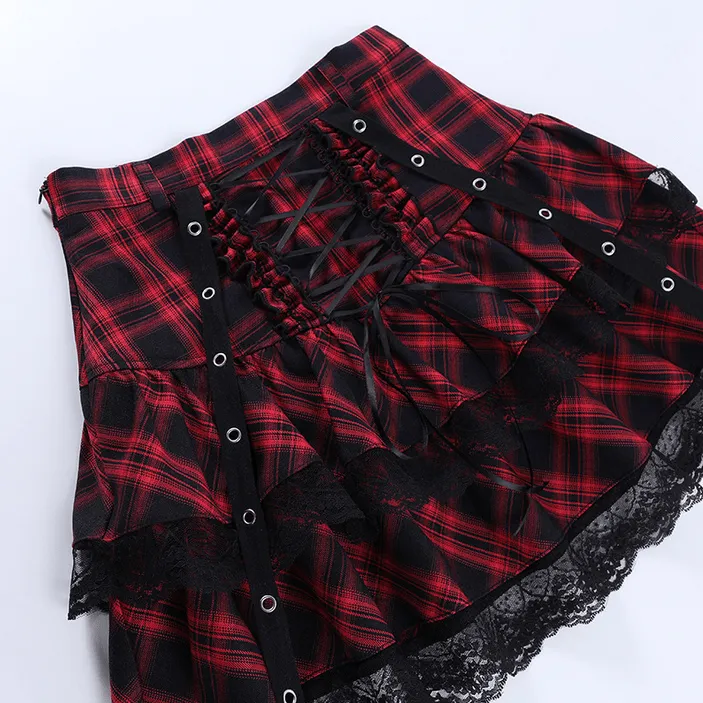 Women's Grunge Strappy Layered Plaid Skirt with Tank Top