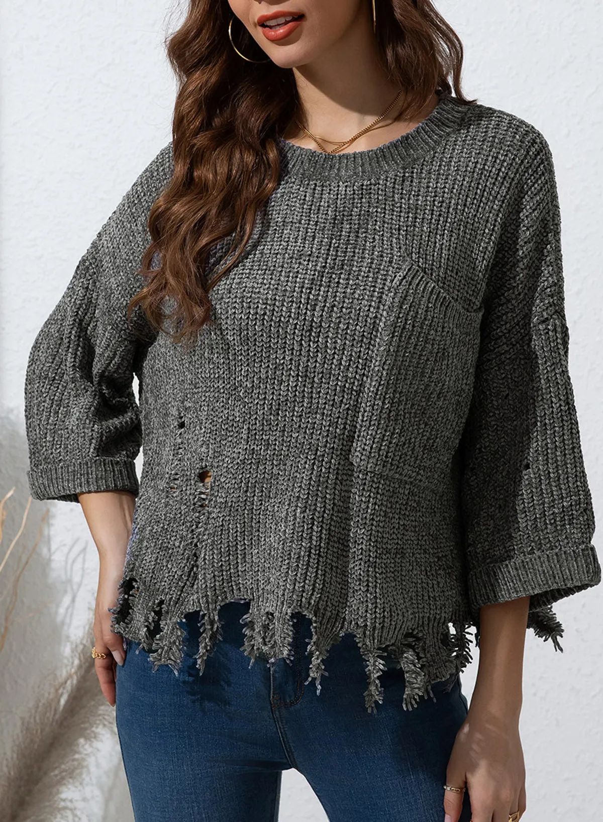 Women's Ripped Raw Hem Chunky Pullover Sweater with Pocket