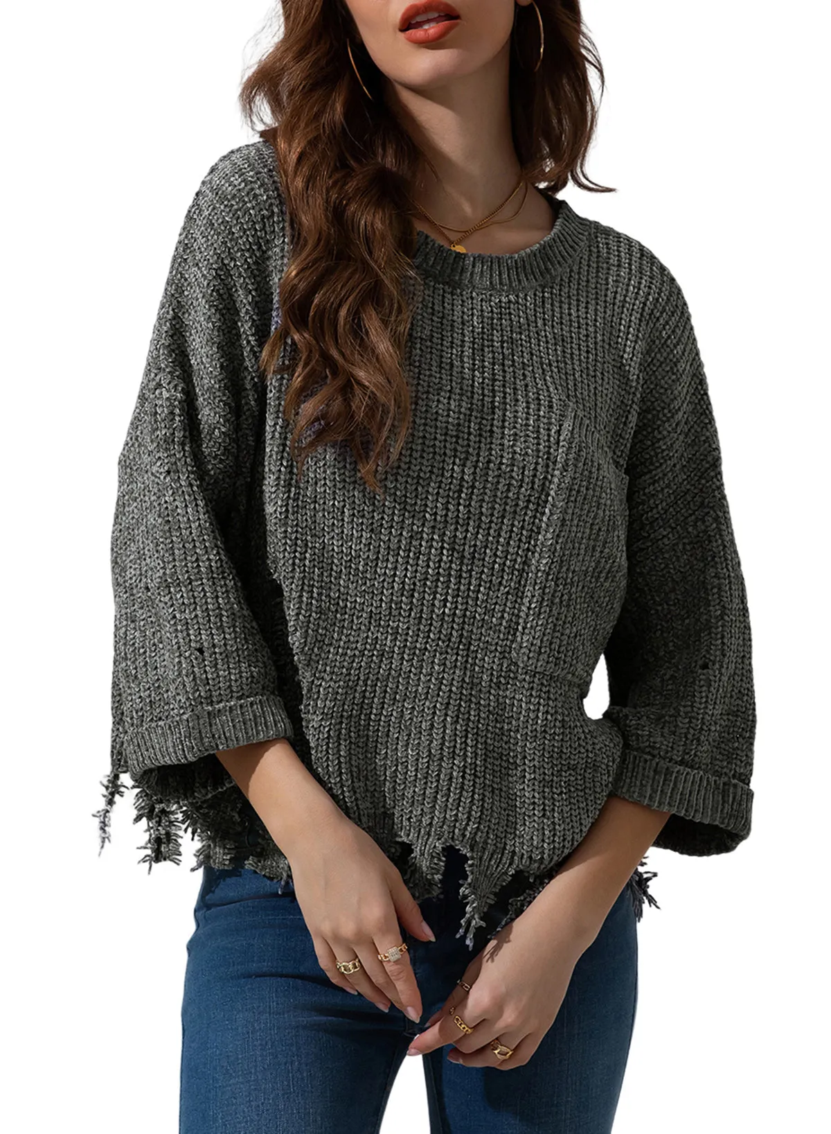 Women's Ripped Raw Hem Chunky Pullover Sweater with Pocket