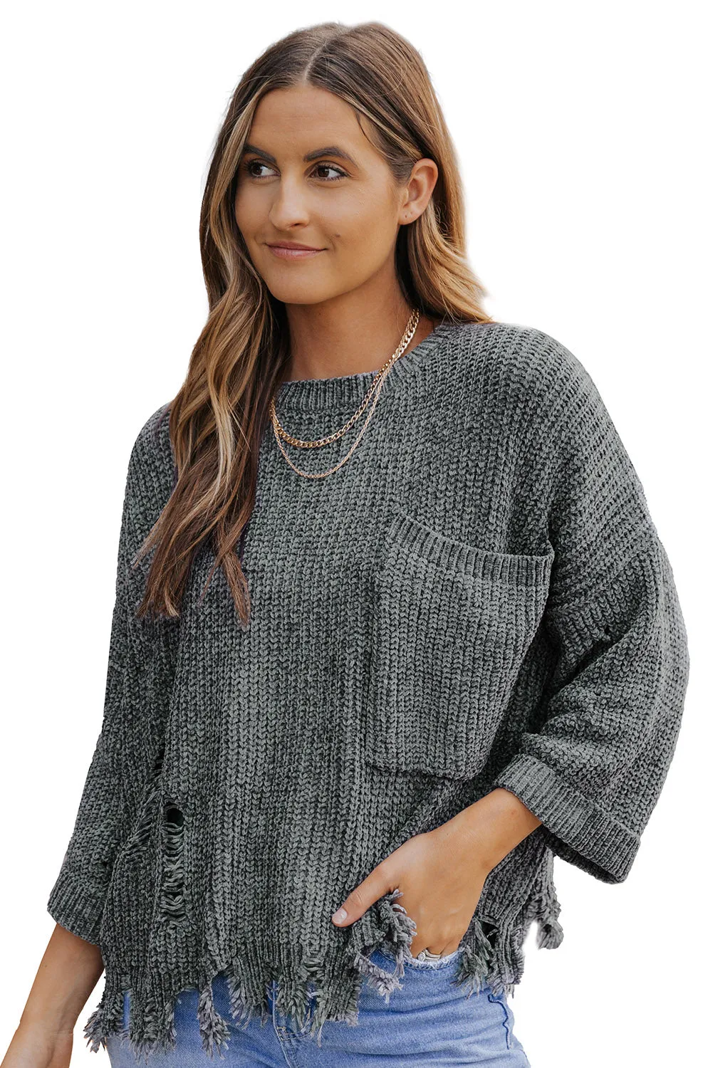 Women's Ripped Raw Hem Chunky Pullover Sweater with Pocket