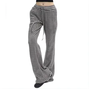 Women's Striped Knit Drawstring Pants - Low Rise, Wide Leg Lounge Trousers