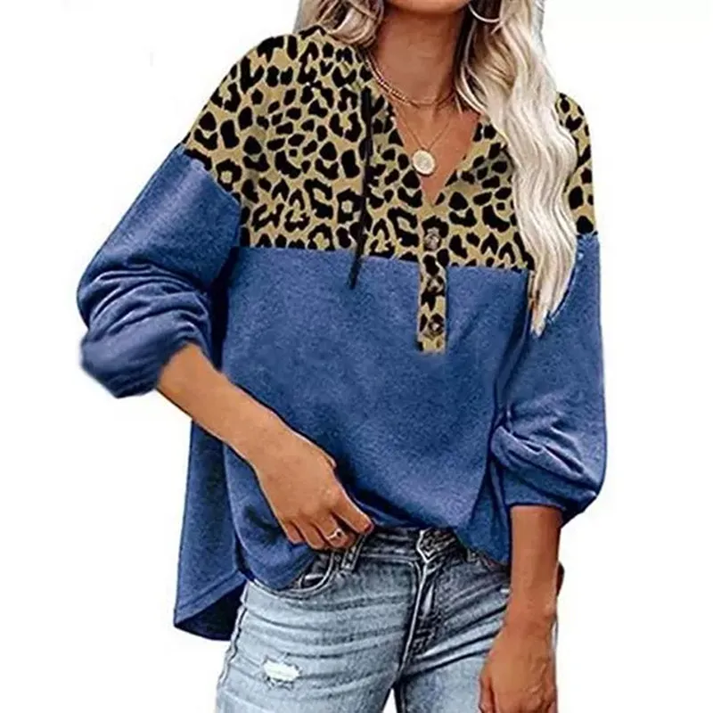 Womens V-Neck Long Sleeve Splicing Printed Casual Shirts