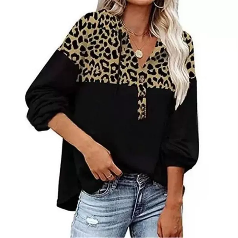 Womens V-Neck Long Sleeve Splicing Printed Casual Shirts