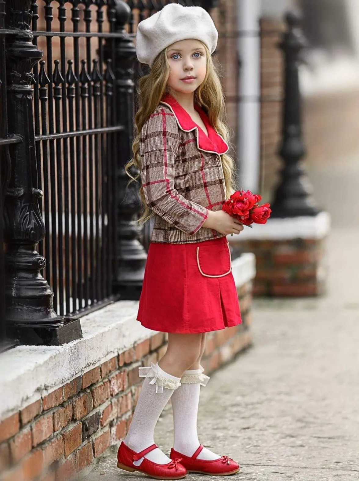 Wrap Me In Plaid Blazer and Pleated Pocket Skirt Set