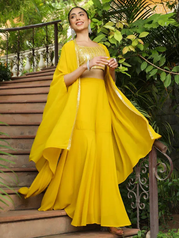 Yellow Georgette Sequined Detailing Sharara Set with Cape