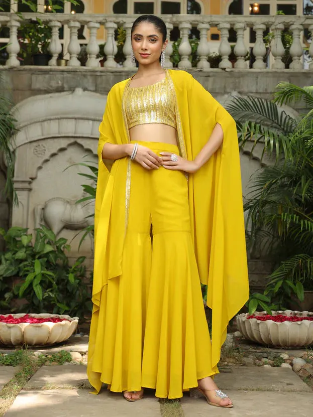 Yellow Georgette Sequined Detailing Sharara Set with Cape