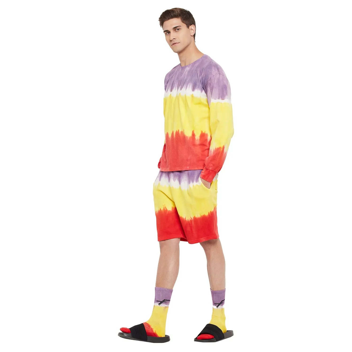 Yellow Multi Shade Ombre Longsleeves Tshirt & Shorts Combo Set With Matching Socks