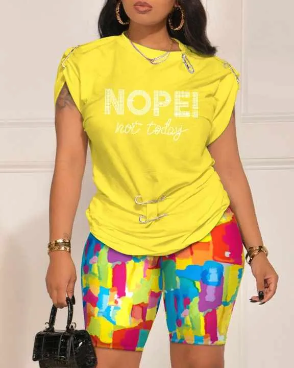 Yellow Multicolor NOPE...not today Abstract Print Top & Shorts Set