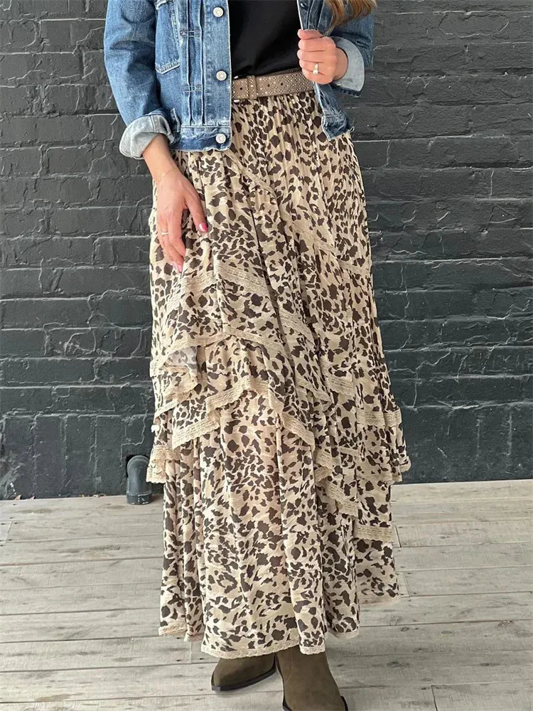 YESMYTOOL  -   Leopard Printed Maxi Skirt Female Ruffled Patchwork Fashion Summer 2024 High Waist Bandage Party Looks Women Long Skirt